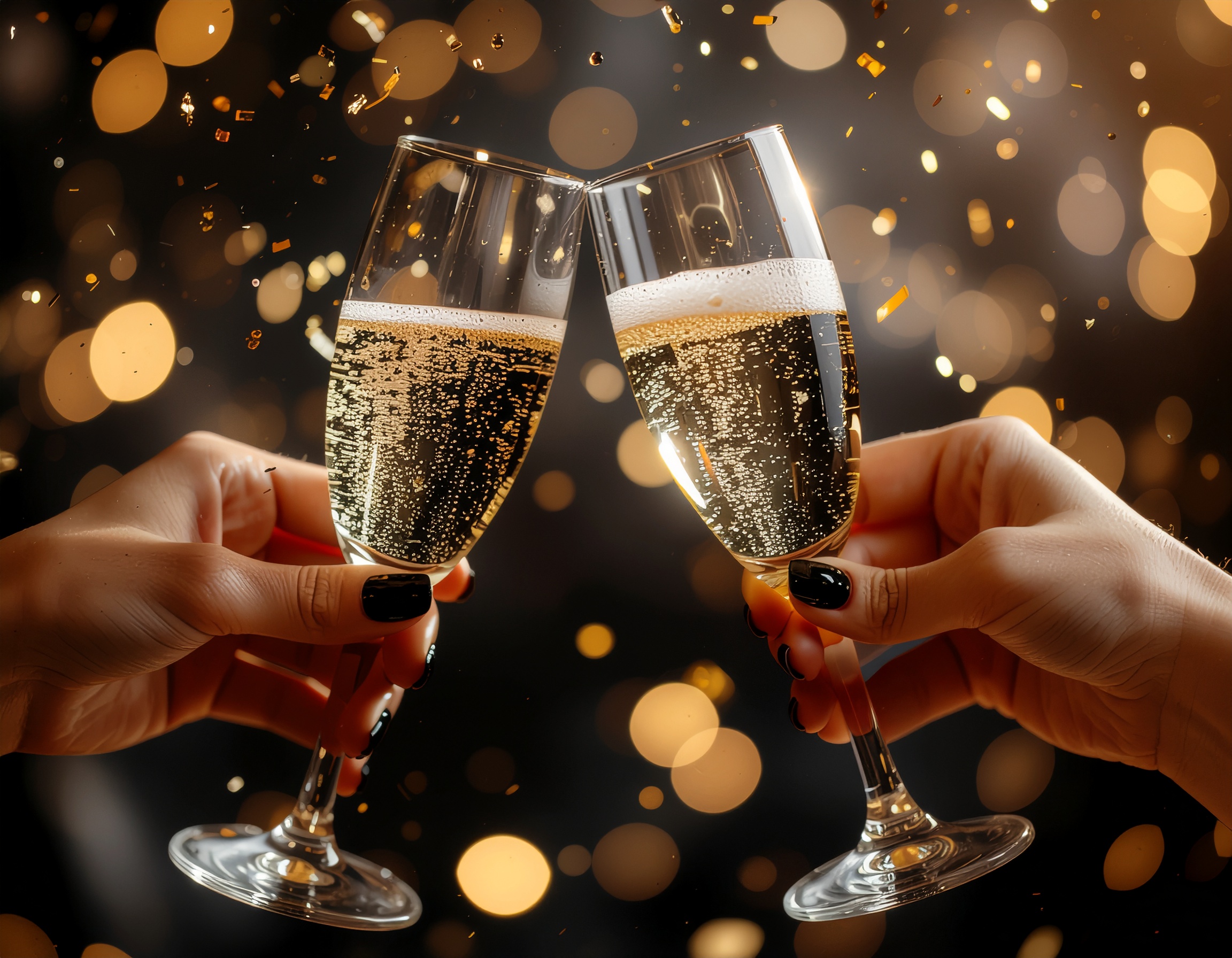 Duas taças de champagne sendo brindadas em um ambiente festivo, com fundo desfocado repleto de luzes douradas. As mãos segurando as taças têm unhas pintadas de preto. A imagem é iluminada de forma suave, criando um efeito elegante e sofisticado, com foco no brilho das bolhas e no reflexo cintilante do líquido.